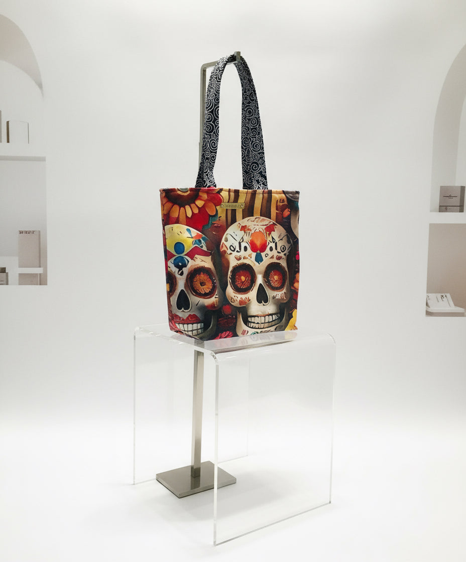 Colorful skull design tote bag on a clear stand against a white background