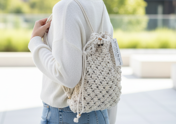 Handmade Macrame Backpack: Mini Cotton Nap Sack