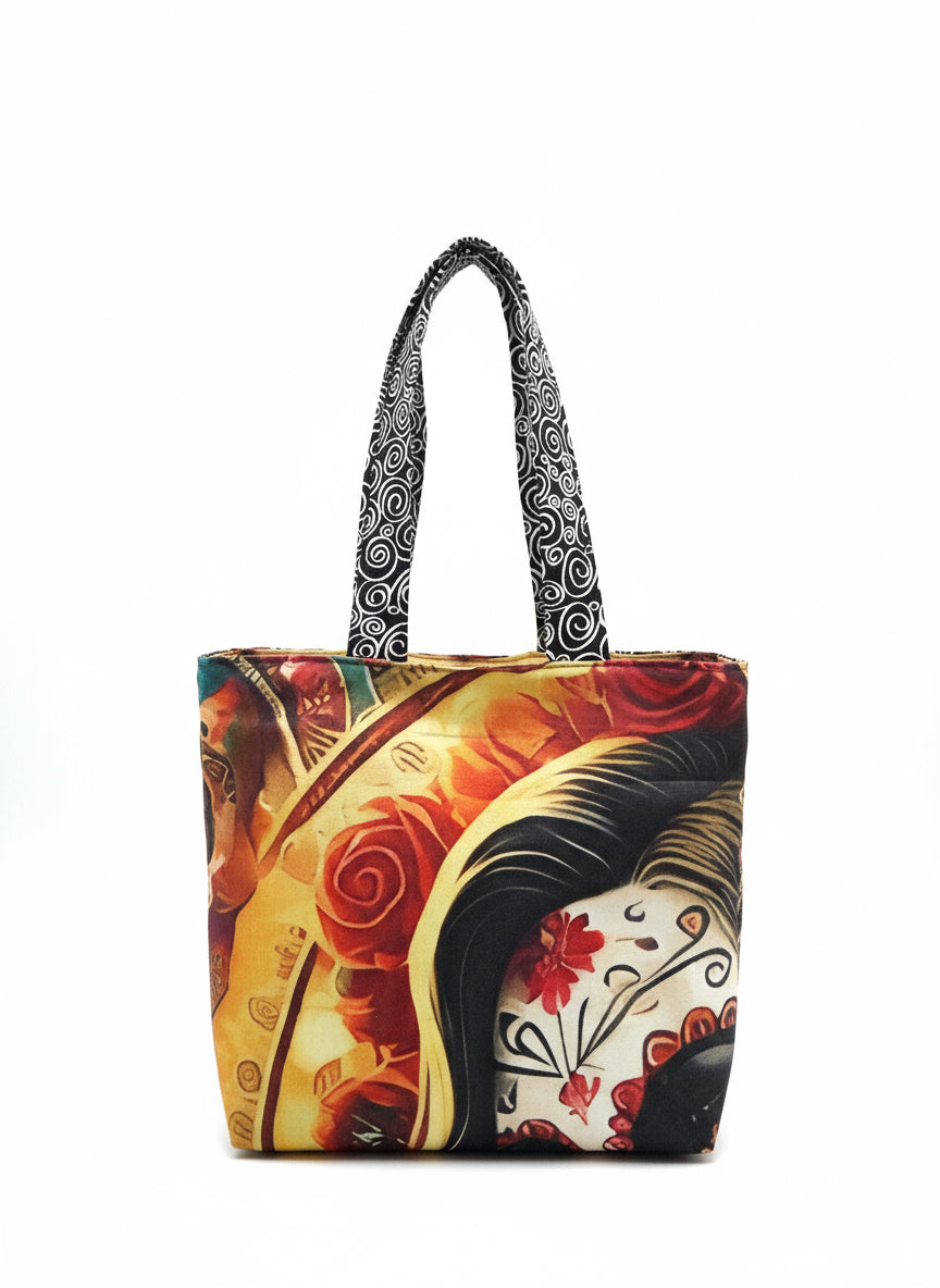 Tote bag with colorful design featuring a skull and roses on a white background