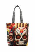 Tote bag with colorful skull design on a white background